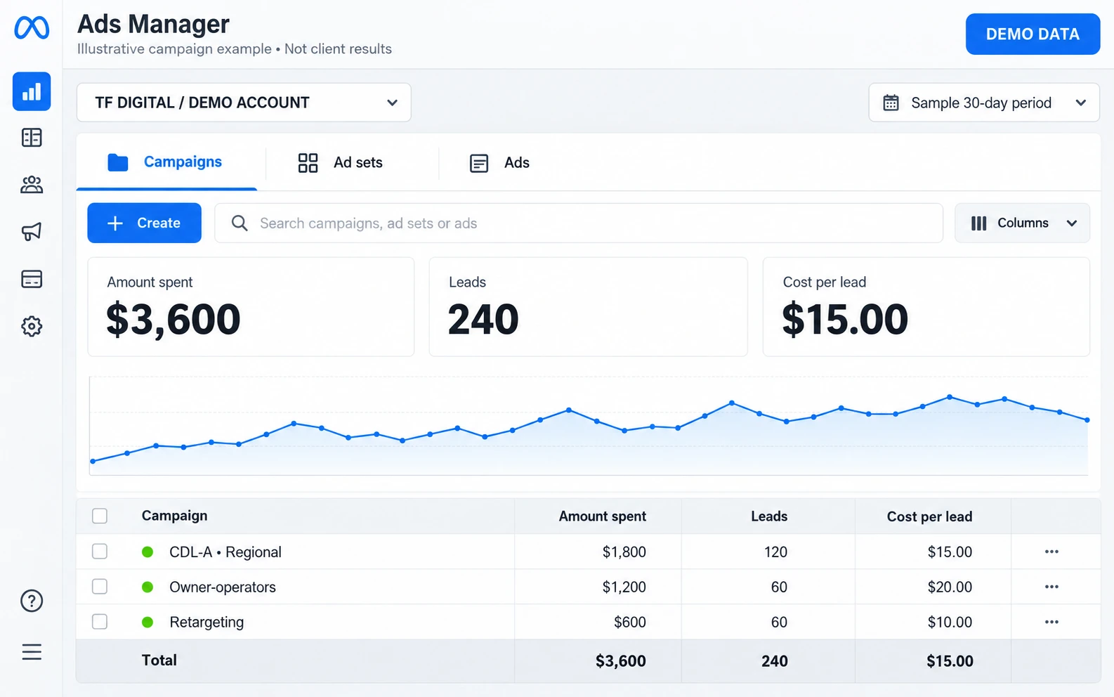 Illustrative campaign dashboard. Figures are sample data, not TF DIGITAL client results.