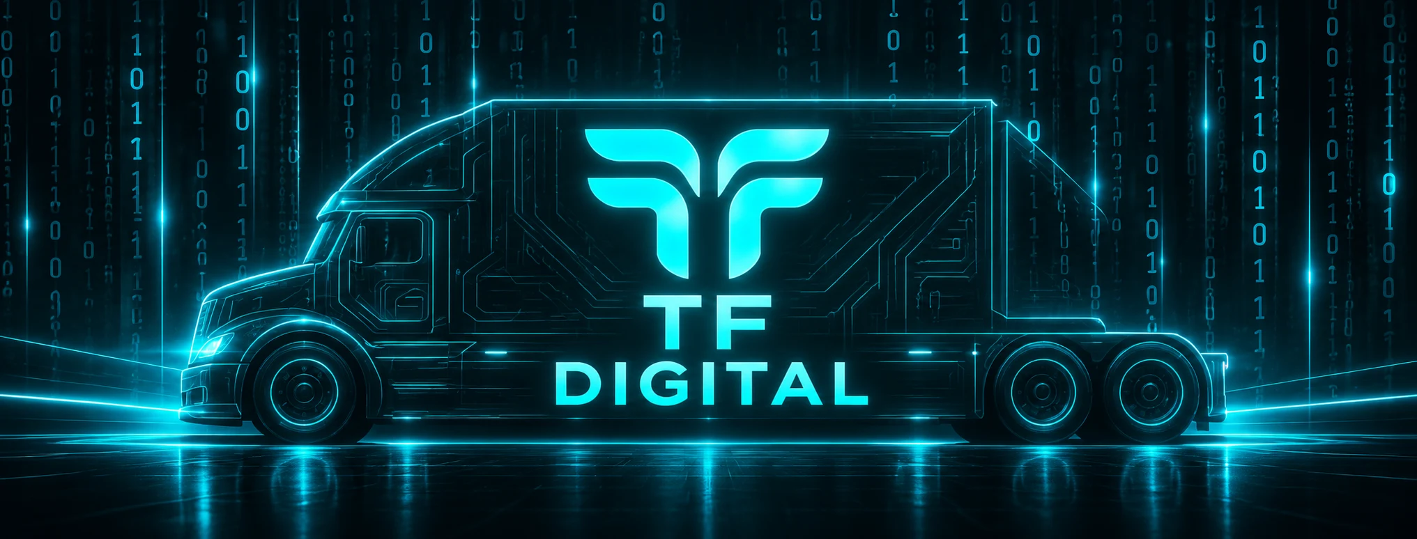 Original TF DIGITAL cyan trucking cover with the TF DIGITAL brand on a digital semi truck